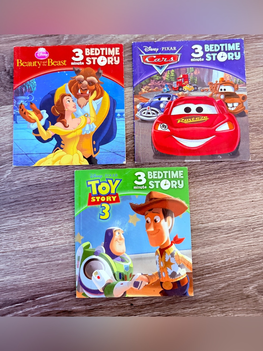 Lot of 3 Disney 3-Minute Bedtime Stories Books Cars Toy Story 3 Beauty & Beast
